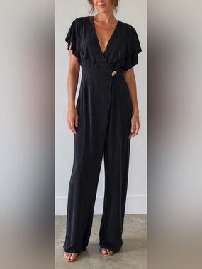 Beau David Vintage Charcoal Gray Sueded Rayon Ruffle Wide Leg Jumpsuit Size 8